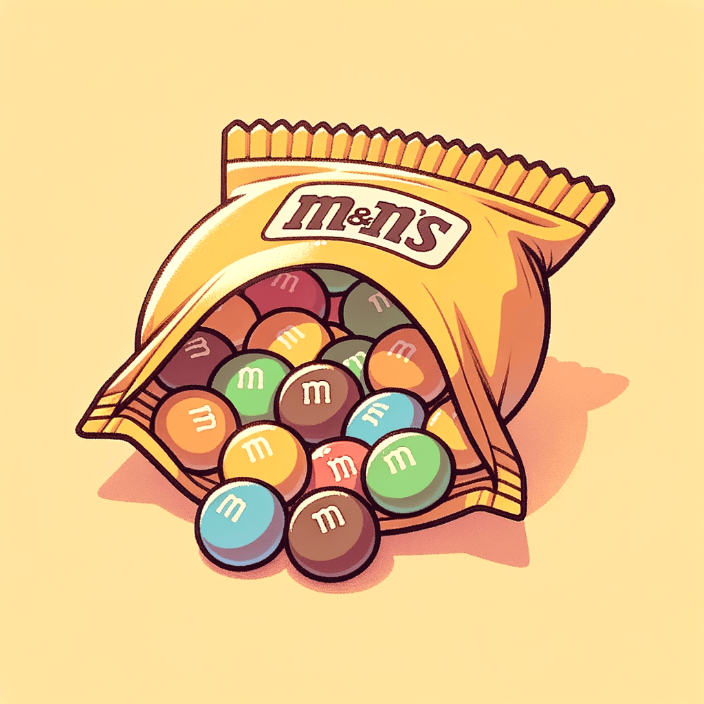 A crumpled yellow foil packet labeled “Peanut M&M’s” with several round, colorful chocolate-coated candies visible at the opening.