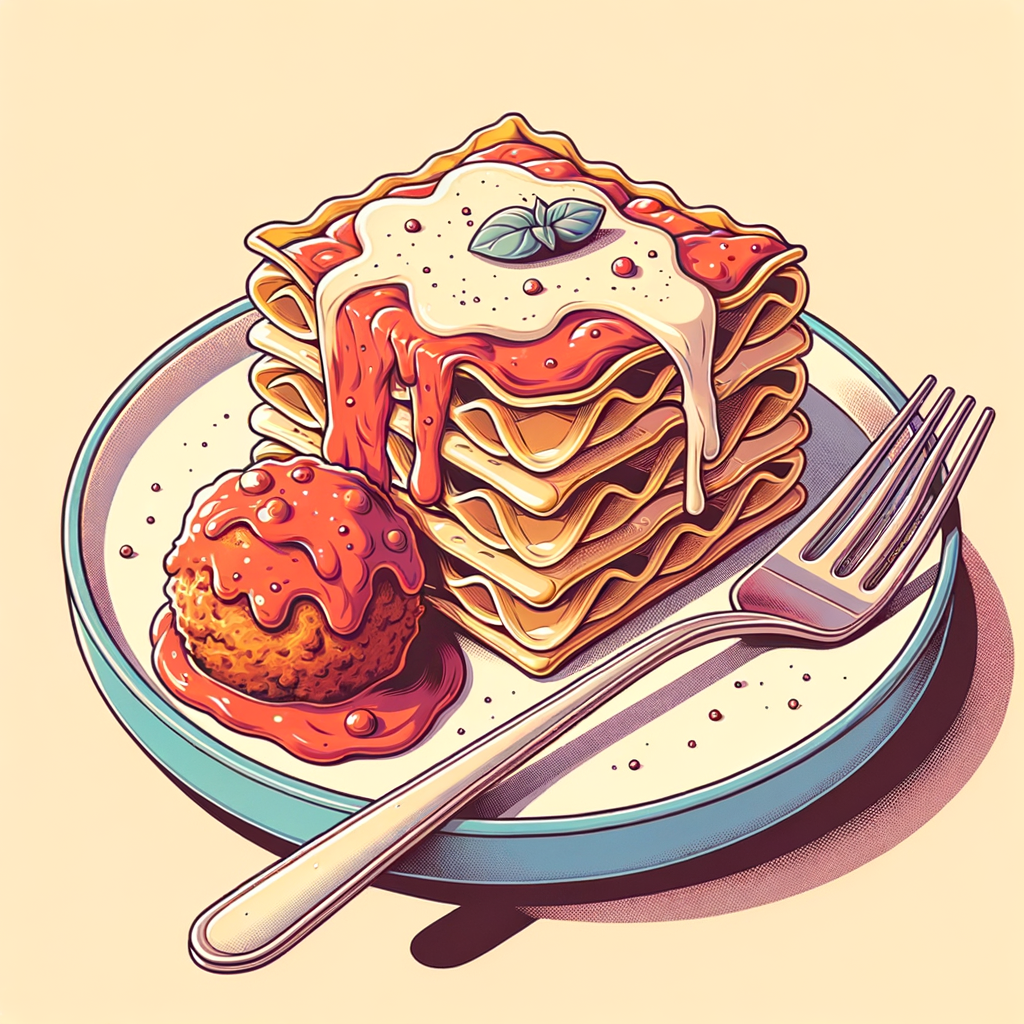 A ceramic plate holding a portion of lasagna layered with pasta sheets, melted cheese, and rich red meat sauce, alongside a round meatball smothered in tomato sauce, with a fork resting on the edge.