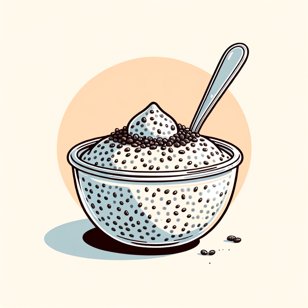 A clear plastic bowl filled with creamy white chia seed pudding dotted with black chia seeds, with a silver spoon resting inside.
