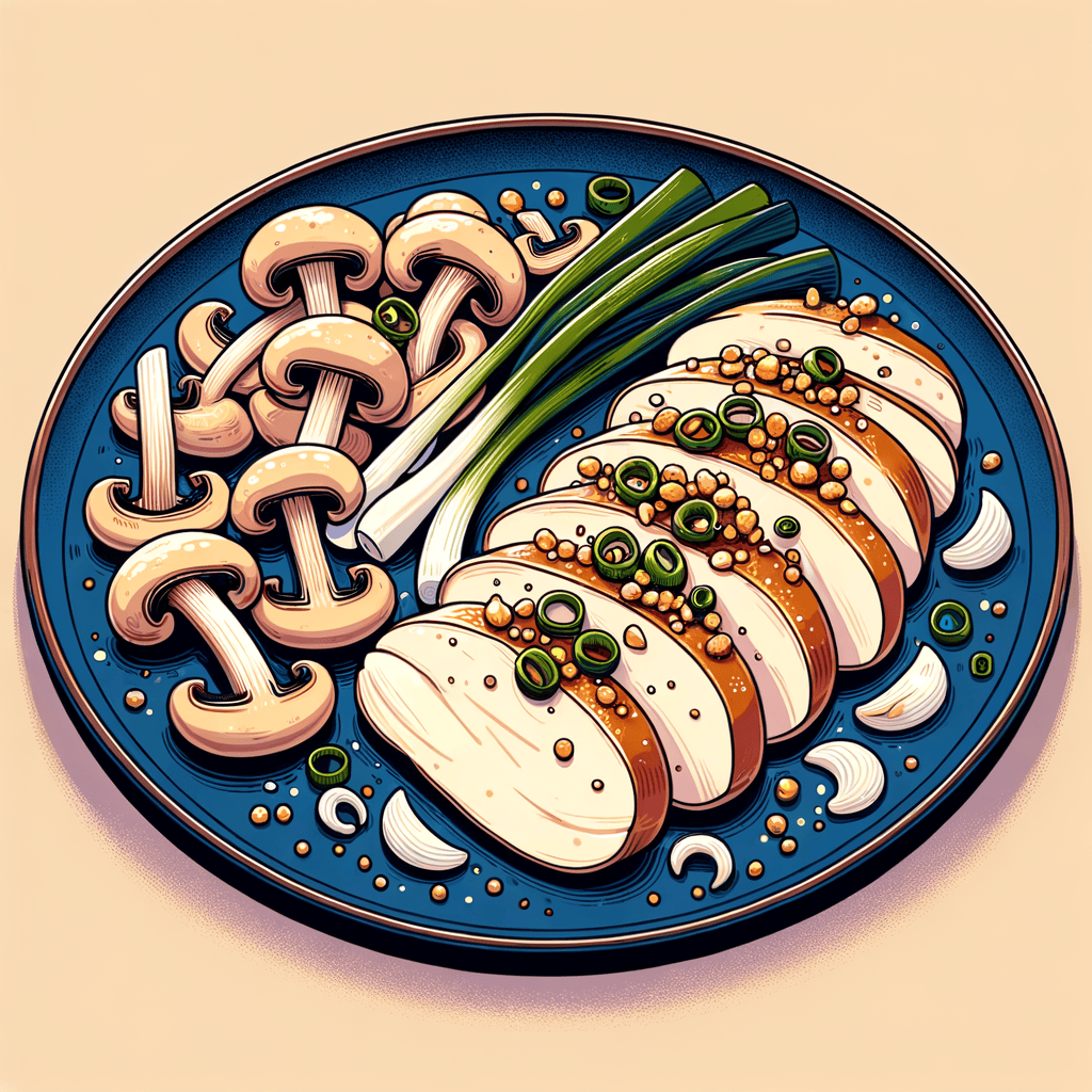 A deep indigo ceramic plate featuring several slices of white chicken breast garnished with chopped scallions, alongside glossy sautéed shimeji mushrooms and topped with a golden-brown minced ginger and onion dressing.