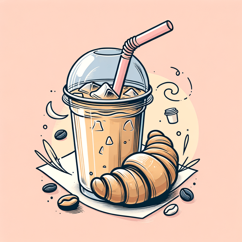 A clear plastic cup filled with iced coffee topped with cold foam and a pink straw next to a partially wrapped golden-brown sugar-glazed croissant pastry on white paper with black coffee and pastry doodles.