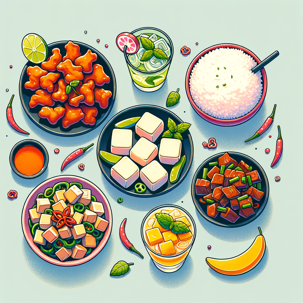 An overhead view of several plates: crispy chili chicken pieces with red chilies, a bowl of tofu in green peppercorn sauce, stir-fried pork with green peppers, small bowls of steamed white rice, and a glass of mango-fruit cocktail with mint garnish.