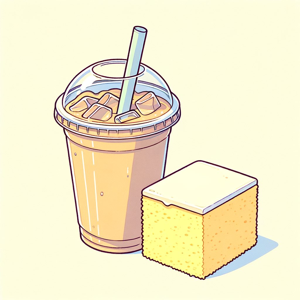 A clear plastic cup filled with iced coffee of light brown color with a plastic lid and straw, placed next to a square piece of yellow sponge cake with a thin layer of white frosting on top.