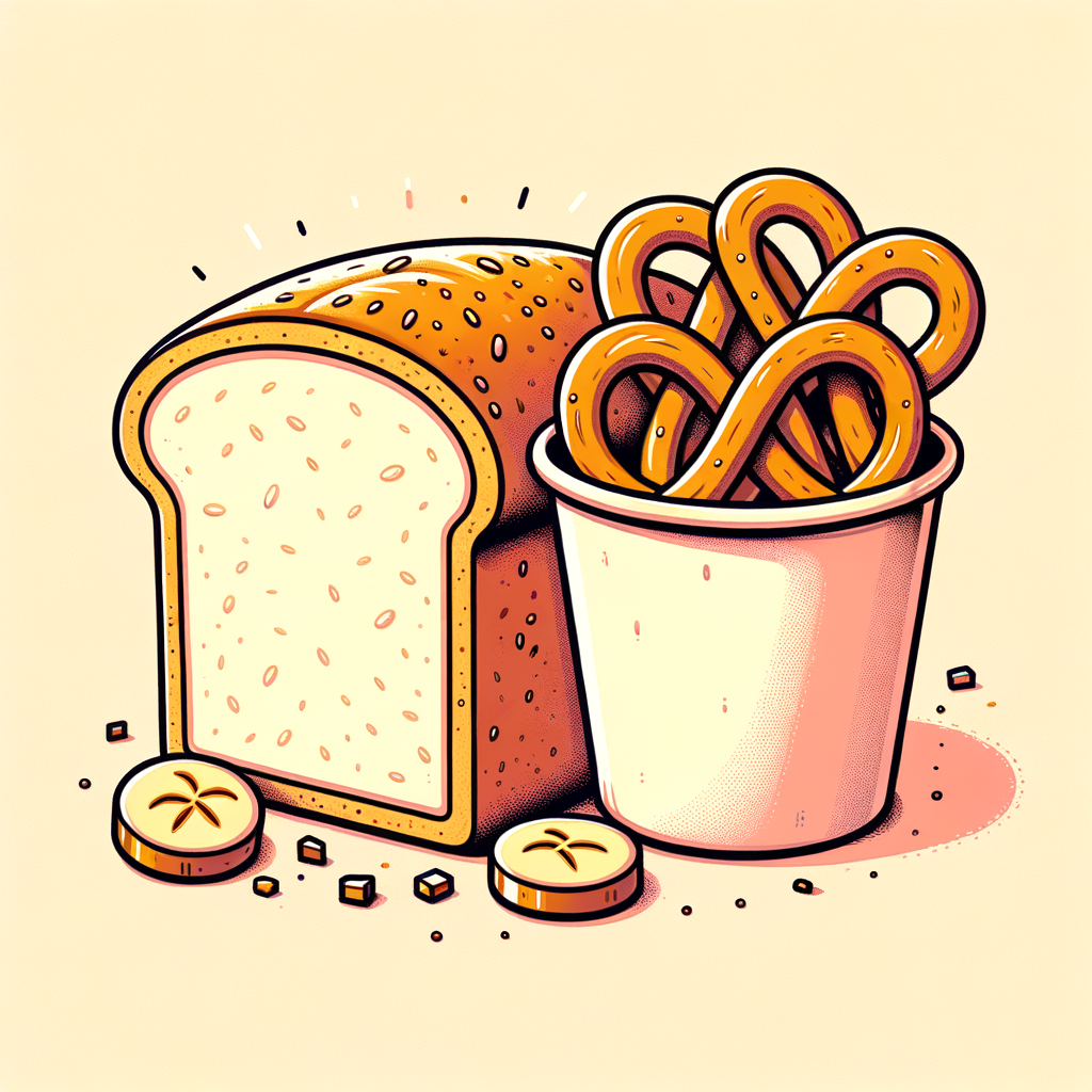A thick slice of banana bread showing a soft pale-yellow interior flecked with banana fibers alongside a small white paper cup filled with three bite-size sausages encased in twisted, golden-brown pretzel dough, all arranged against a plain background.