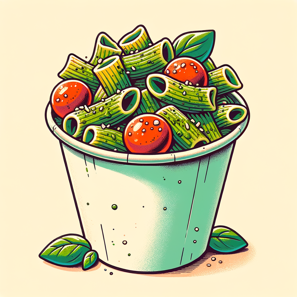 A paper to-go cup overflowing with short, ruffled pasta pieces coated in green basil pesto, interspersed with bright red cherry tomato halves and diced grilled chicken, with tiny flecks of basil and grated parmesan visible.