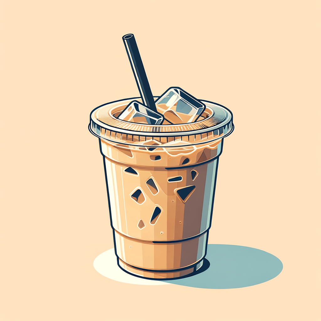 A clear plastic cup filled with light brown iced latte, visible ice cubes suspended in creamy coffee, a black straw protruding from a clear plastic lid.