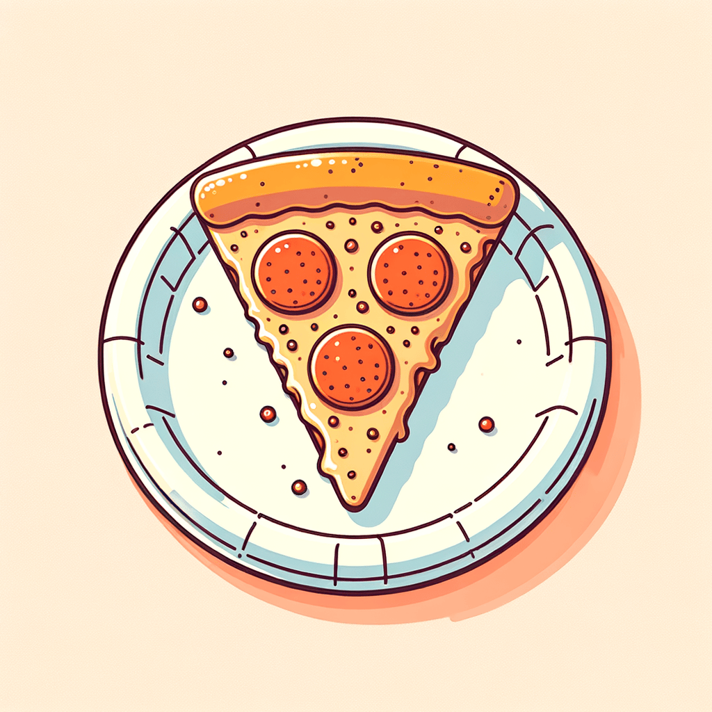 A single triangular slice of thin-crust pizza with bubbling cheese and round pepperoni slices on a white paper plate.