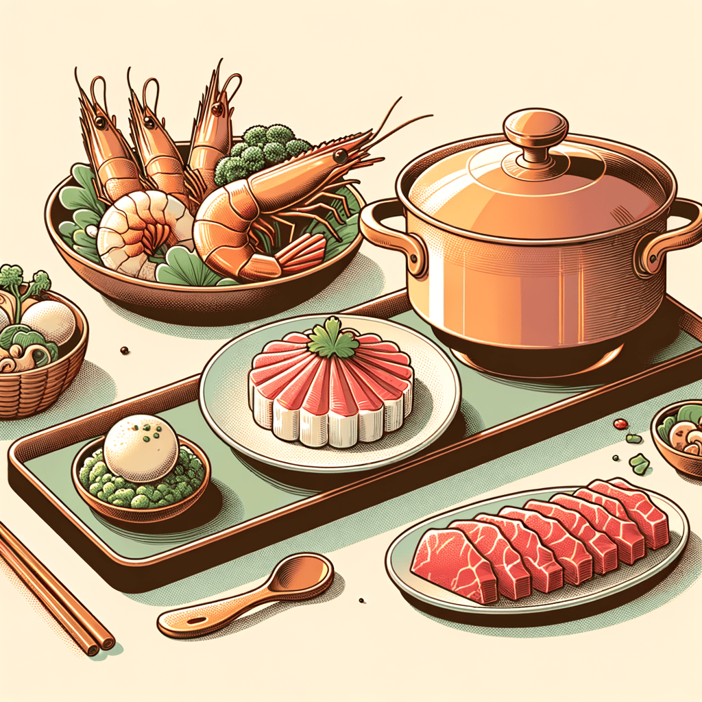 On a long ceramic platter, three appetizers: raw scallop on greens, a peeled shrimp in a small wooden spoon, and finely chopped beef tartare on a crisp rice cracker, alongside a copper hot pot filled with simmering broth, a plate of thinly sliced marbled beef, and a basket of assorted fresh vegetables and mushrooms.