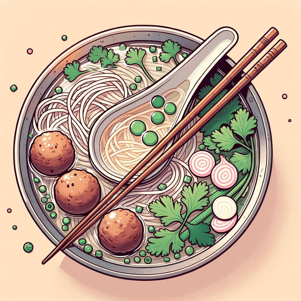 A metal bowl filled with clear broth, white rice noodles, brown meatball slices, scattered green cilantro sprigs, and thin pink-and-white shallot rings, with wooden chopsticks resting on the bowl’s edge and a ceramic soup spoon inside.