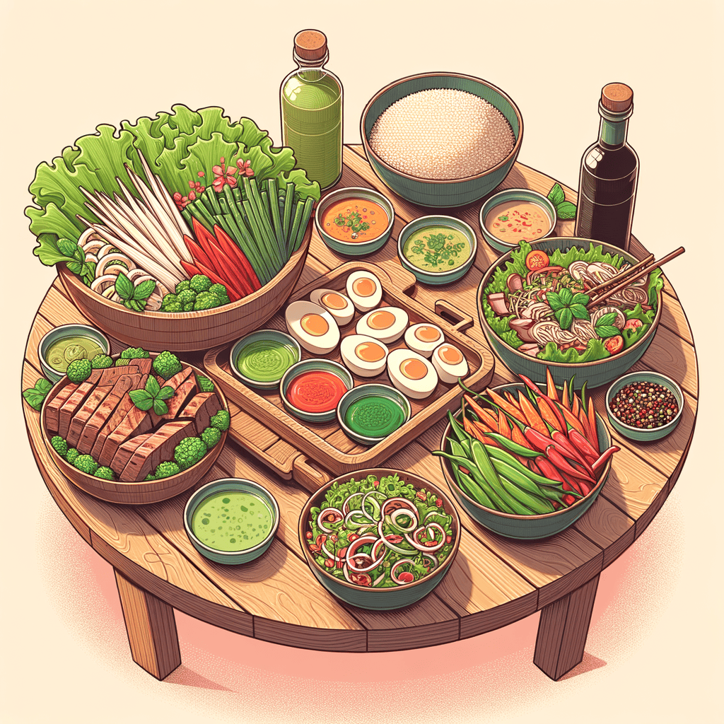 An outdoor wooden table laden with a variety of dishes: a wooden platter heaped with green lettuce leaves, red pepper strips and pale bamboo shoots; small bowls of green herb sauce and red chili oil; a black bowl of sliced grilled meat; a grey bowl of mixed grain salad with herbs; and a small plate of halved hardboiled eggs topped with seasoning.