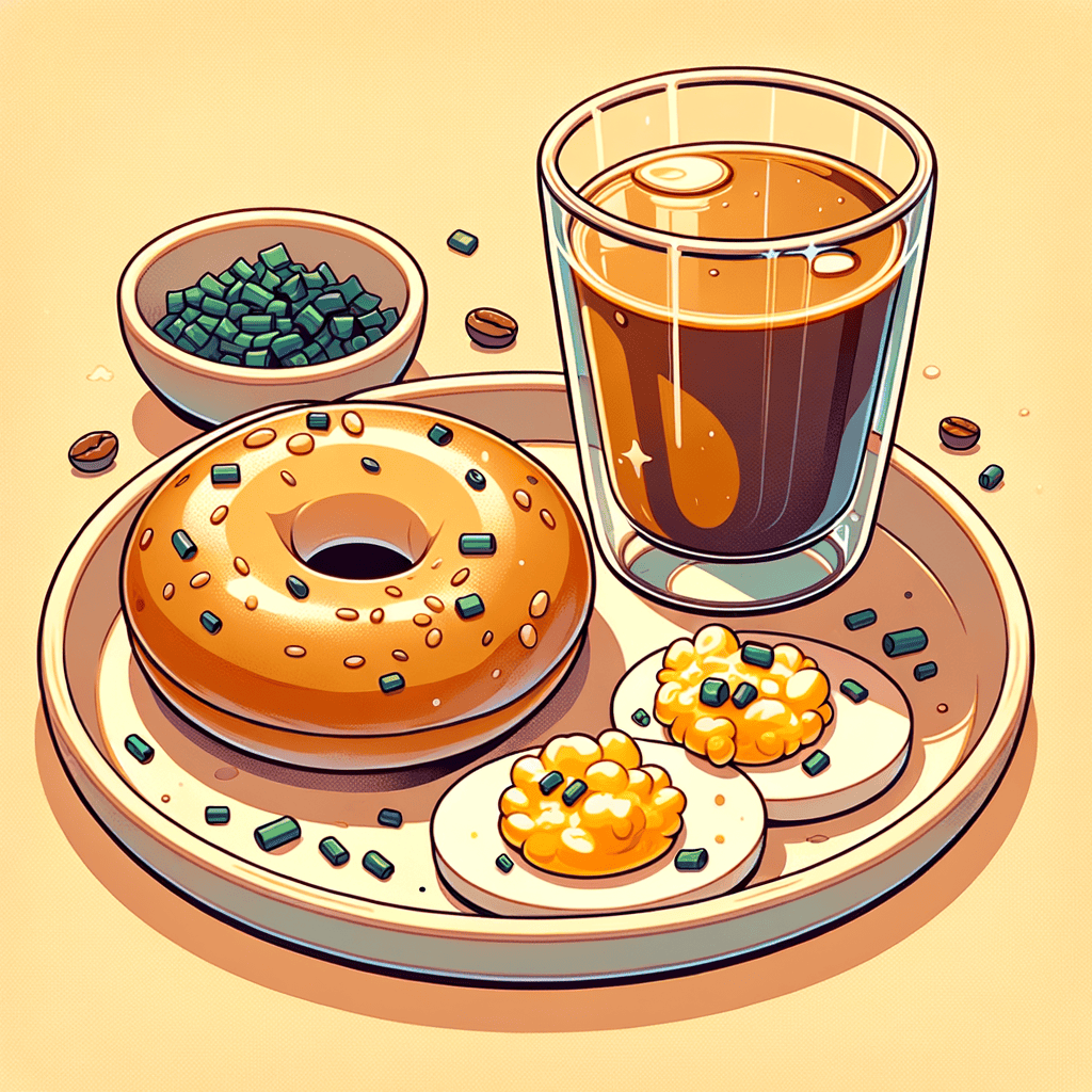 A neutral-toned ceramic plate containing a toasted plain bagel cut in half and filled with yellow scrambled eggs flecked with green chives. Beside the bagel, a clear glass tumbler holds dark brown coffee filling half the glass.
