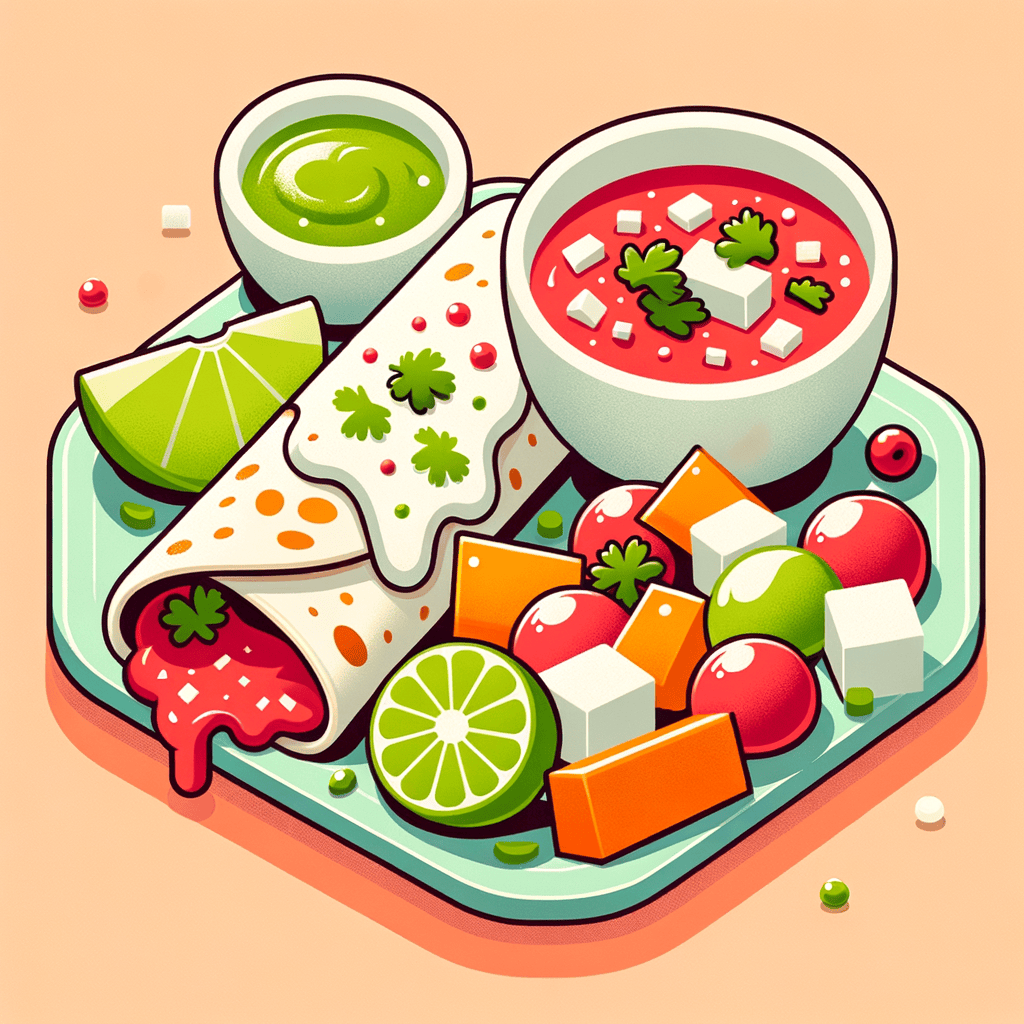 A large rolled flour tortilla on a white square plate, half-covered in bright red tomato sauce and half in vibrant green tomatillo sauce, topped with melted white cheese shreds and finely chopped cilantro. Beside it, a small white bowl overflowing with mixed fresh fruit: honeydew melon, cantaloupe, apple chunks, and red grapes.