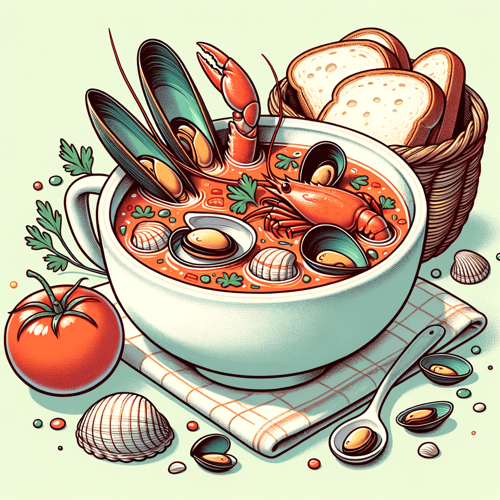A white deep bowl filled with red-orange tomato broth, loaded with crab claws, shrimp, mussel shells, and clam halves, sprinkled with chopped parsley and served alongside slices of crusty bread in a basket.
