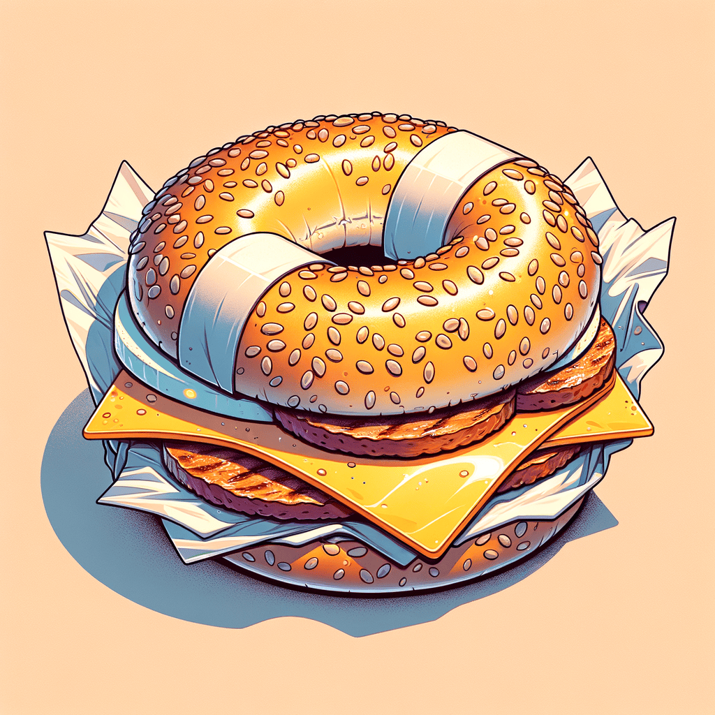 A sesame-seed bagel sliced in half, showing a folded yellow egg and sausage patty with melted cheese inside, wrapped in white deli paper and foil.
