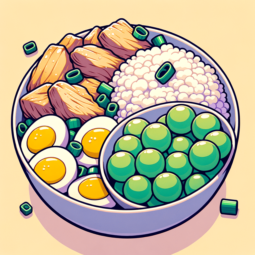 A white bowl of steamed rice topped with tender chicken pieces, scrambled egg, and thinly sliced green scallions, accompanied by a small blue bowl of green grapes.