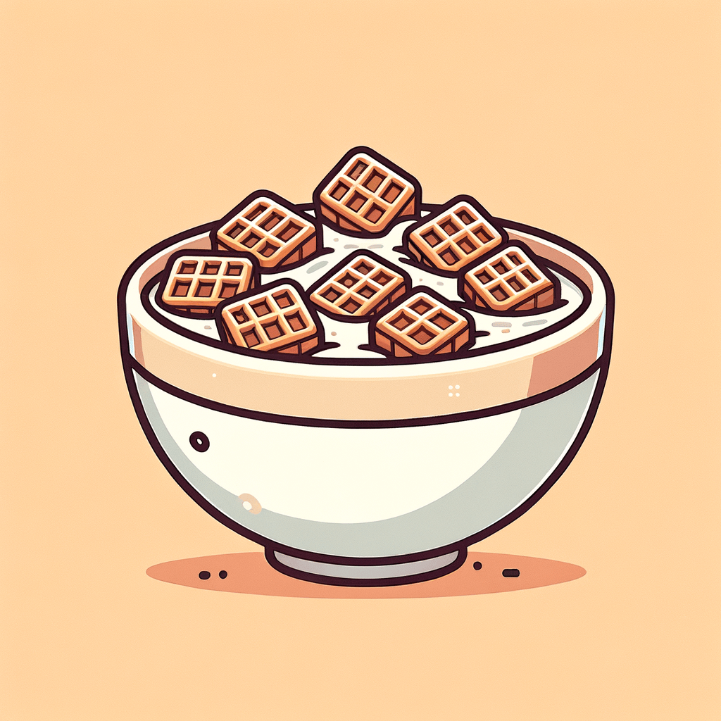 A white bowl containing milk with light brown waffle-patterned cereal pieces floating and partially submerged.