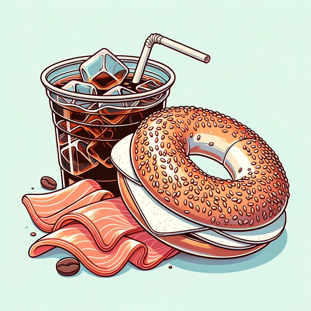 A sesame-seed bagel sliced in half and spread with creamy white cheese, topped with thin, folded slices of pink smoked salmon, accompanied by a clear plastic cup of dark iced coffee filled with ice cubes and a straw.