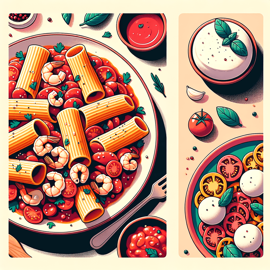 A plate featuring tube-shaped paccheri pasta coated in chunky red tomato sauce studded with shrimp and rings of calamari, sprinkled with chopped parsley, and alongside sliced heirloom tomatoes and a white burrata cheese ball topped with fresh basil leaves and a drizzle of olive oil.