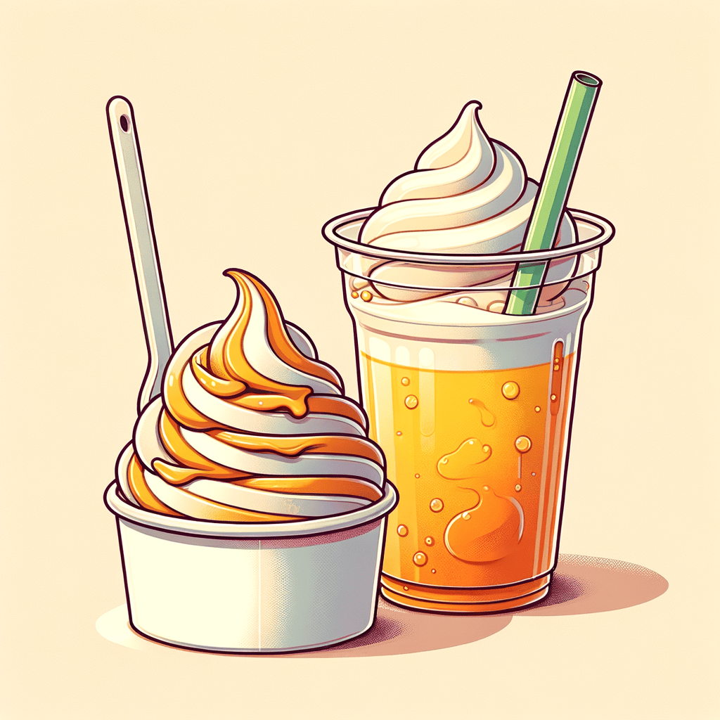 A small white paper cup filled with creamy vanilla ice cream with caramel swirls and a white plastic spoon inside, next to a clear plastic cup containing a bright yellow-orange fruit slushy with visible pulp and a green straw.