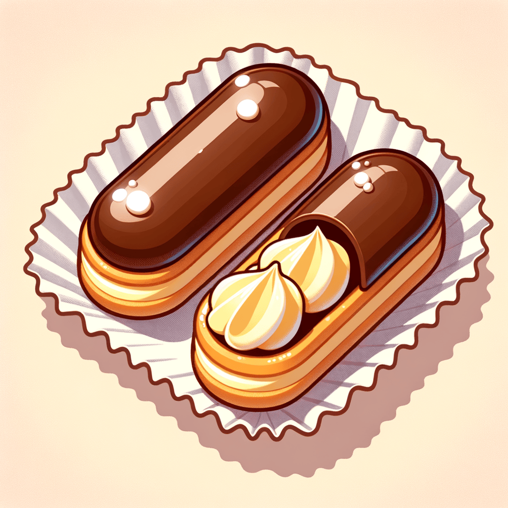Two small éclairs on a paper liner: one with a glossy chocolate glaze and the other filled with pale yellow vanilla custard, showing creamy filling oozing out.