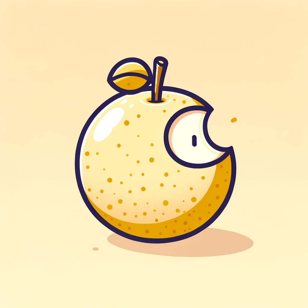 A hand holding a small round Asian pear with a single bite taken from its yellow-speckled skin, revealing pale, juicy flesh.