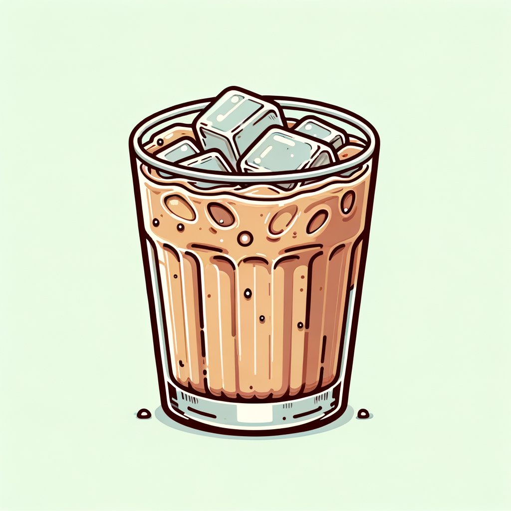 A clear ribbed glass half filled with light brown iced coffee and visible ice cubes, with a subtle condensation forming on the exterior.