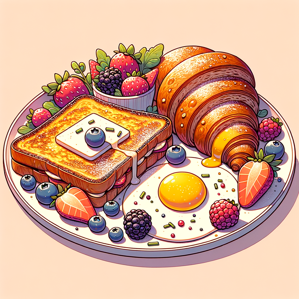 A white oval platter with two thick slices of golden-brown French toast dusted with powdered sugar, topped with fresh strawberries, blueberries, blackberries, and raspberries. Beside it, a round white plate holds a toasted croissant sandwich layered with melted cheese and a bright yellow sunny-side-up egg sprinkled with chopped chives, accompanied by a small mixed green salad with cherry tomatoes.