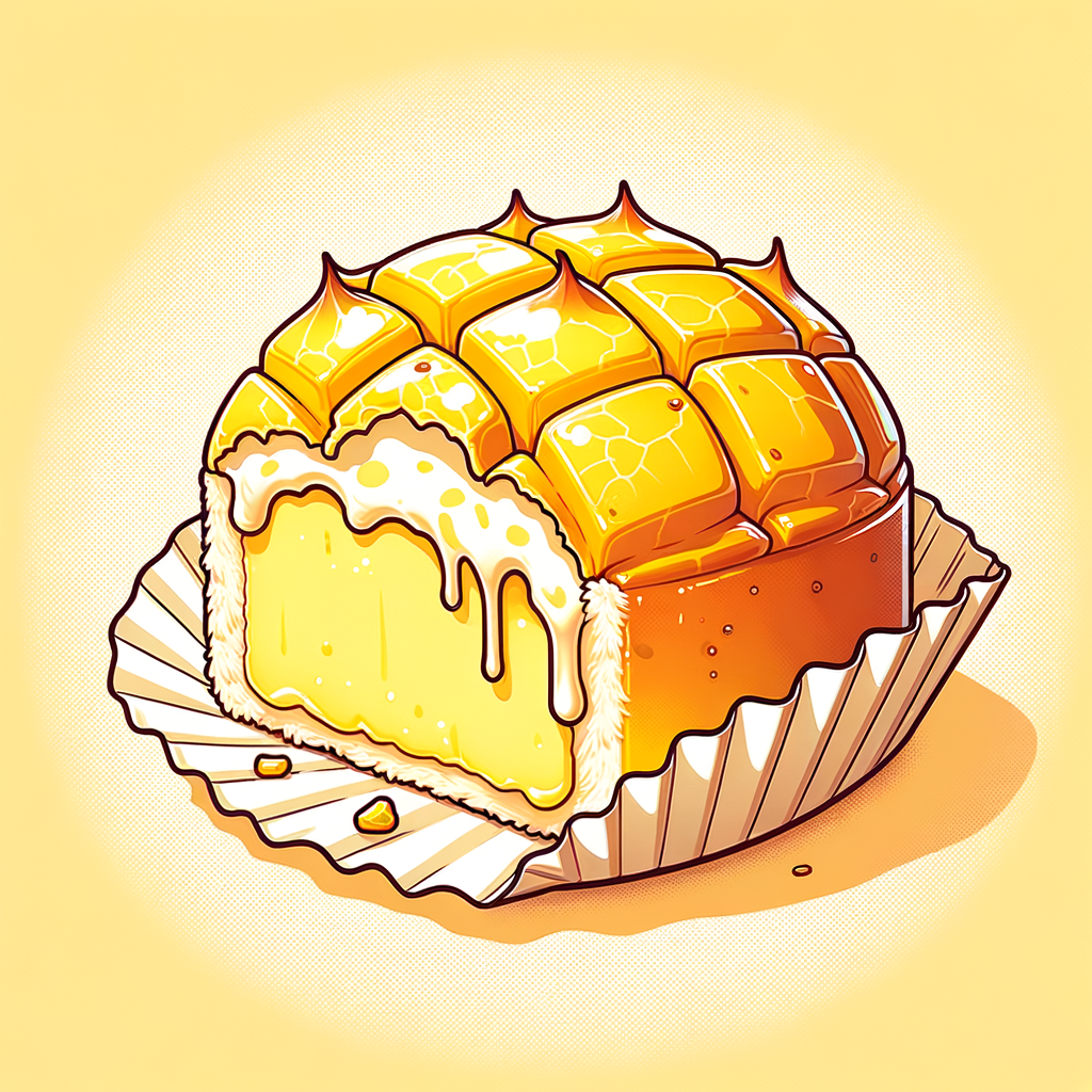 A half-eaten pineapple bun showing its bright yellow, crackled sugar crust and creamy pale custard filling, cradled in a translucent paper sleeve.