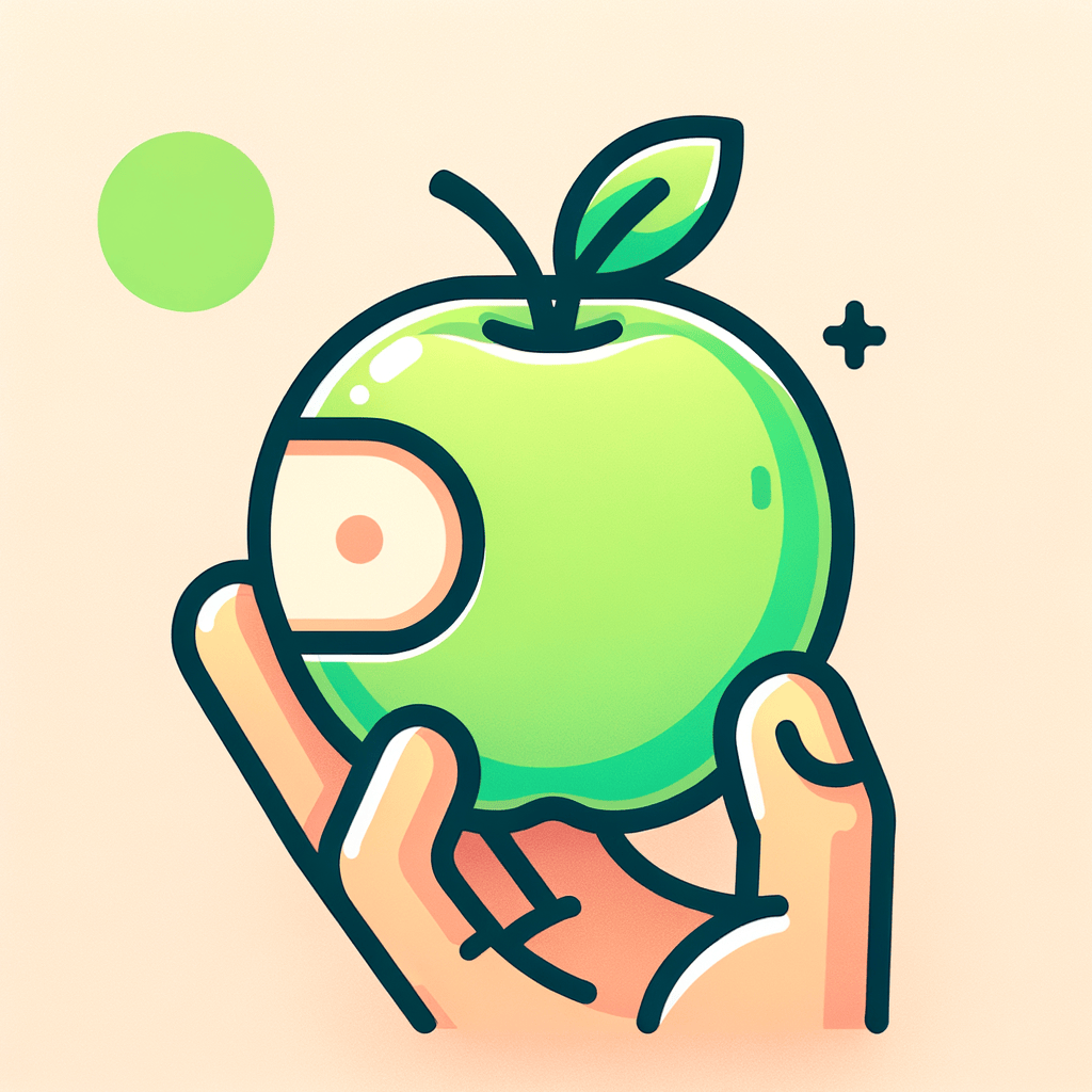 A fresh green apple with a single bite missing, held against a neutral background.