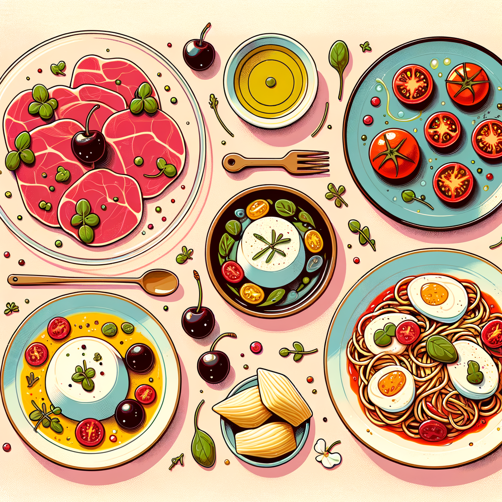 A clear glass plate with thin slices of pink beef carpaccio garnished with halved dark cherries and microgreen leaves; a second plate holding creamy burrata cheese over a red pepper puree drizzled with olive oil; a white ceramic plate piled with roasted heirloom tomato wedges and cherry tomatoes on a green herb oil drizzle; a rustic bowl containing yellow ravioli with clams in a light broth; and a ceramic bowl of spaghetti coated in red tomato sauce.