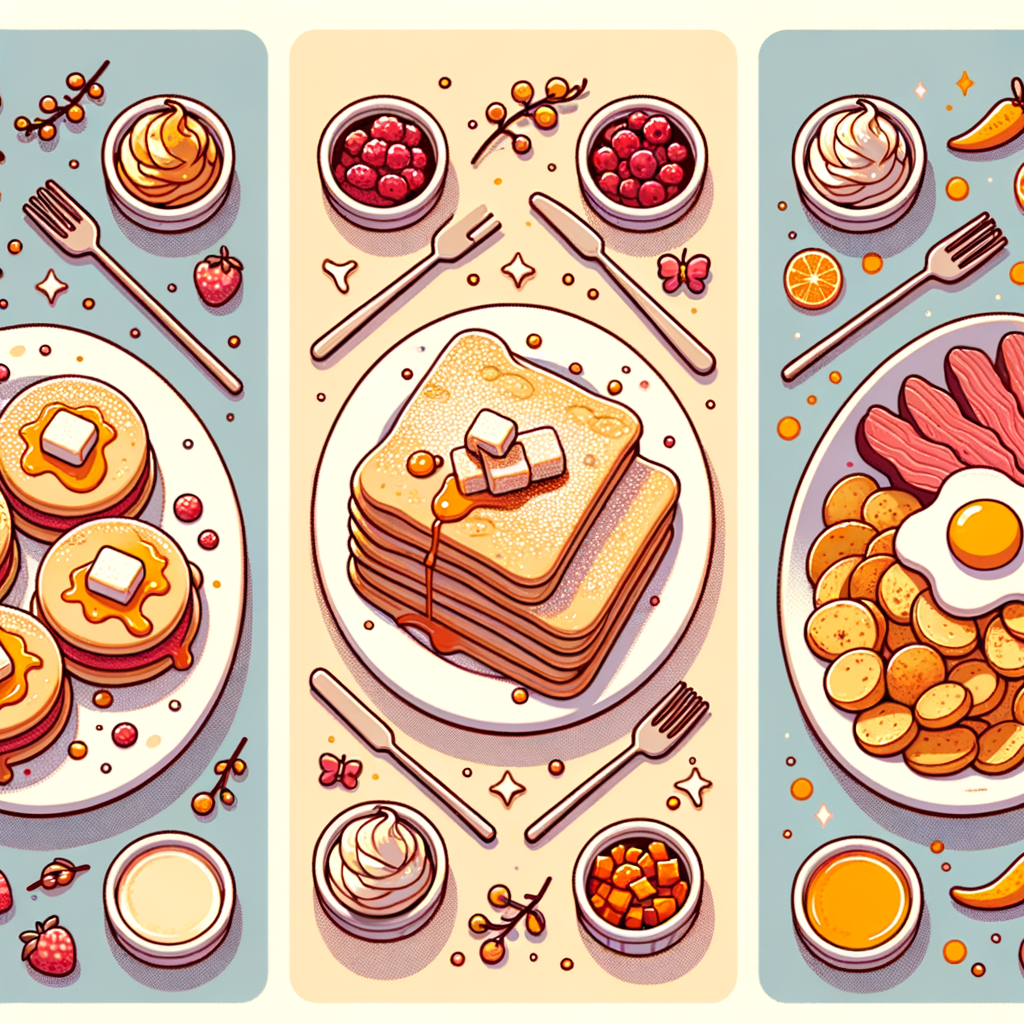 Three separate dishes: a white plate with two golden fried chicken biscuits topped with melting butter and a drizzle of red sauce; a second plate with three folded crepes dusted with powdered sugar, accompanied by small ramekins of red berry jam and yellow mango curd; and an oval platter with roasted potatoes, shredded beef confit, pickled carrots, radishes, and a sunny-side-up egg perched on top.