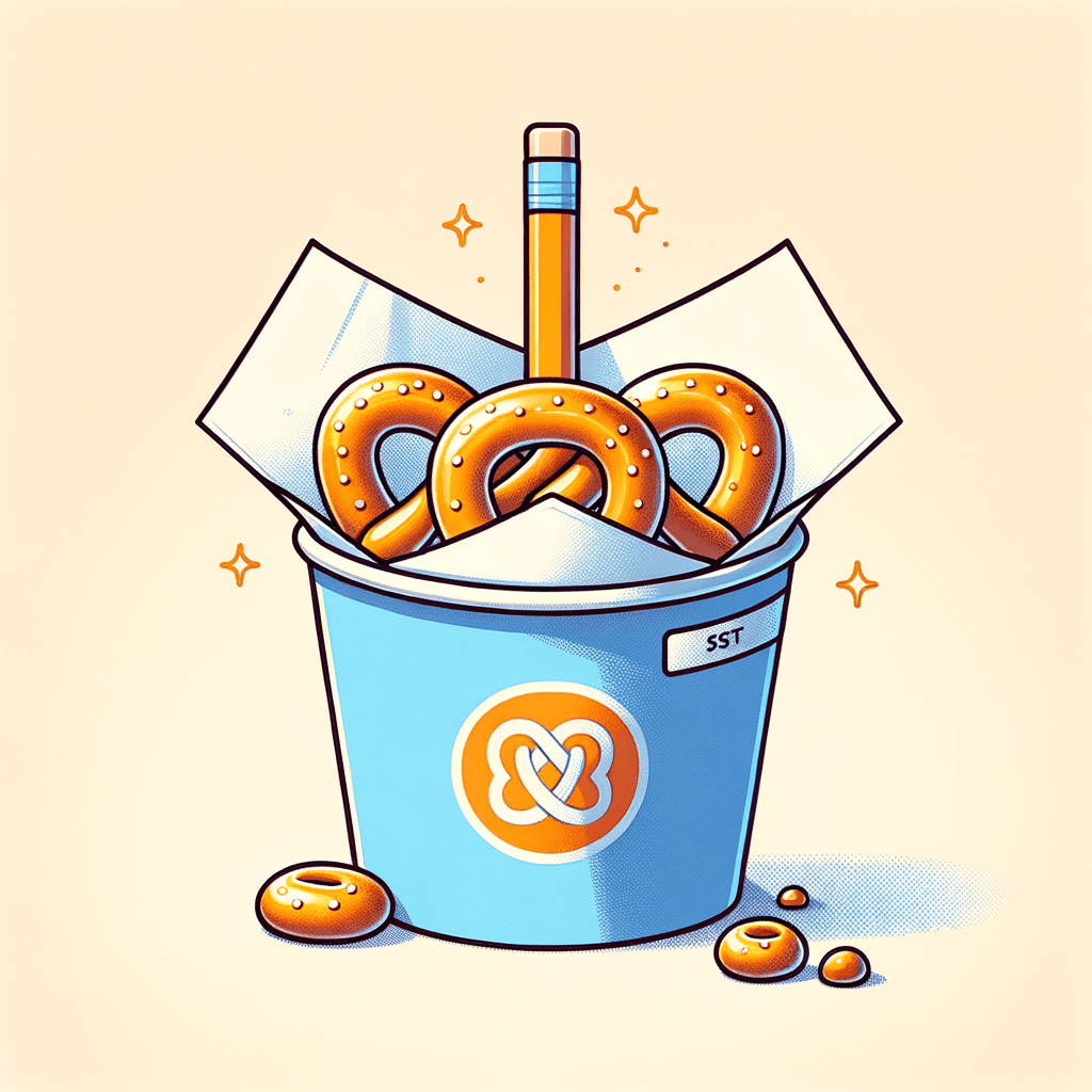 A small white paper cup filled with three golden-brown soft pretzel bites, nestled inside a blue and orange branded bag.