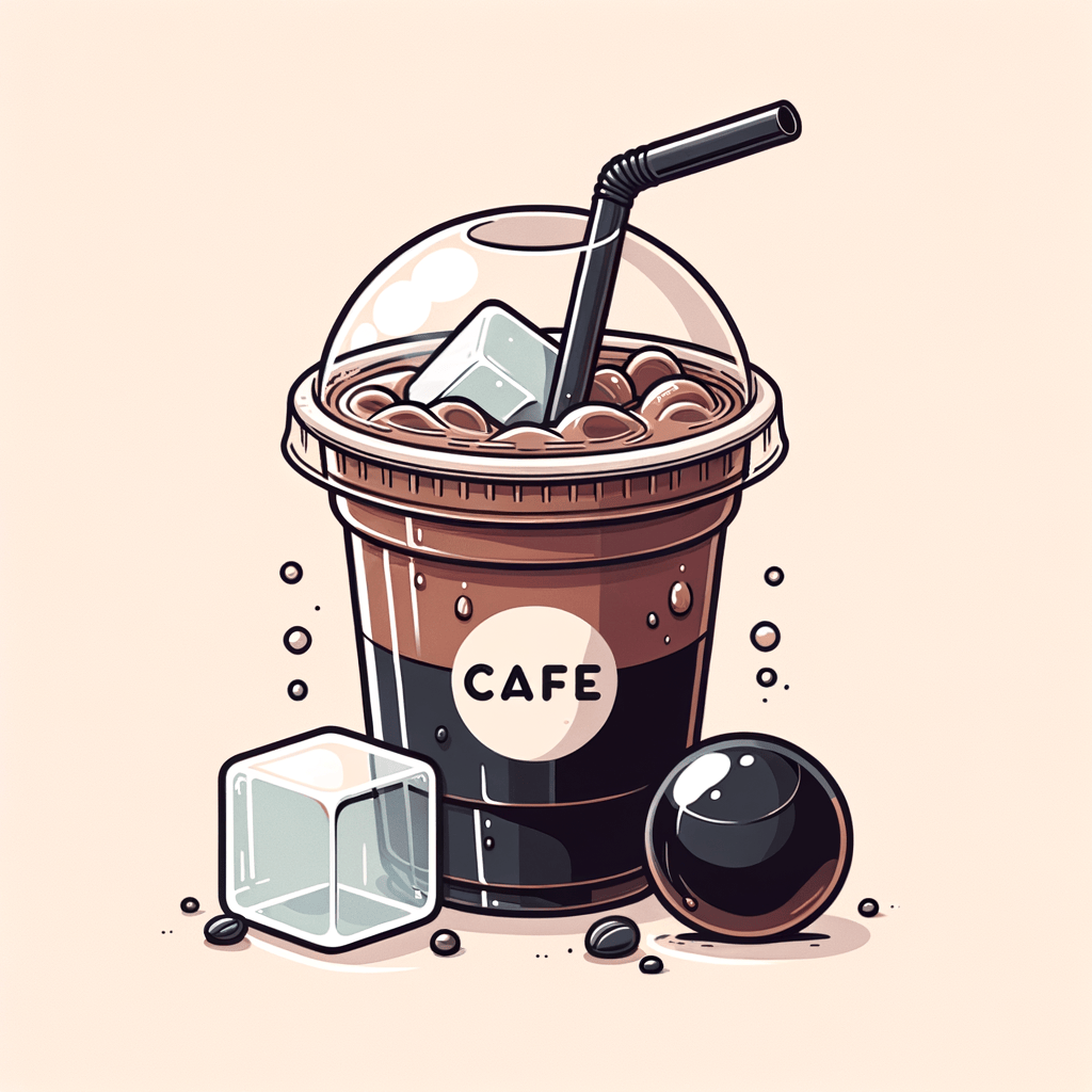 A clear plastic cup filled with dark cold brew coffee and a single spherical ice cube, topped with a clear plastic lid and a black straw, displaying the café logo.