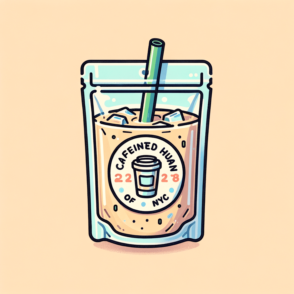 A transparent resealable pouch containing light-colored iced coffee with a green straw inserted and a colorful sticker reading ‘Caffeinated Human of NYC.’