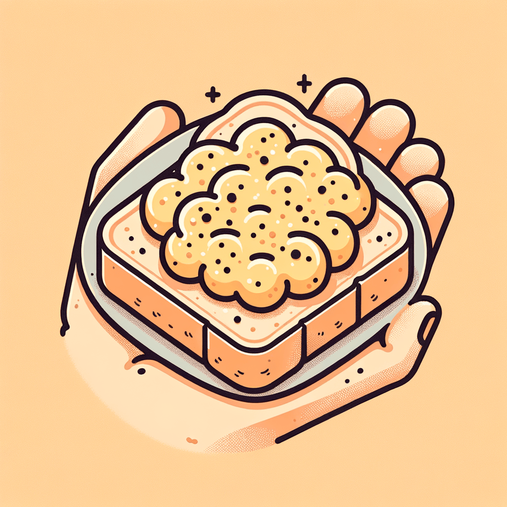 A slice of toasted bread topped with fluffy scrambled eggs seasoned with black pepper, held in a hand above a gray plate.