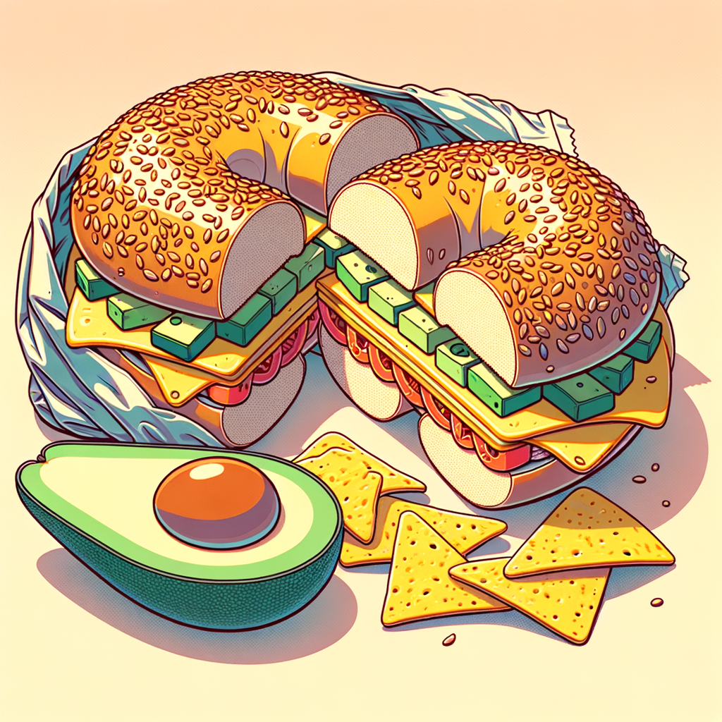 A sesame-seed bagel cut in half and stuffed with folded yellow scrambled eggs, slices of green avocado, diced red tomatoes, and melted cheese, half-wrapped in foil, with a bag of green tortilla chips beside it.