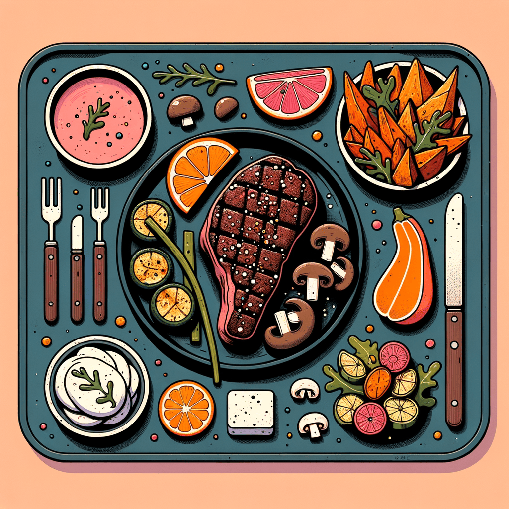 A dark ceramic plate holding a perfectly seared pepper-crusted steak alongside a rectangular tray of roasted sweet potato slices, zucchini spears, and mixed mushrooms, accompanied by a small bowl of creamy pink sauce and a side dish of burrata cheese crowned with blood orange segments and arugula and a bowl of creamy corn and carrot potato salad.