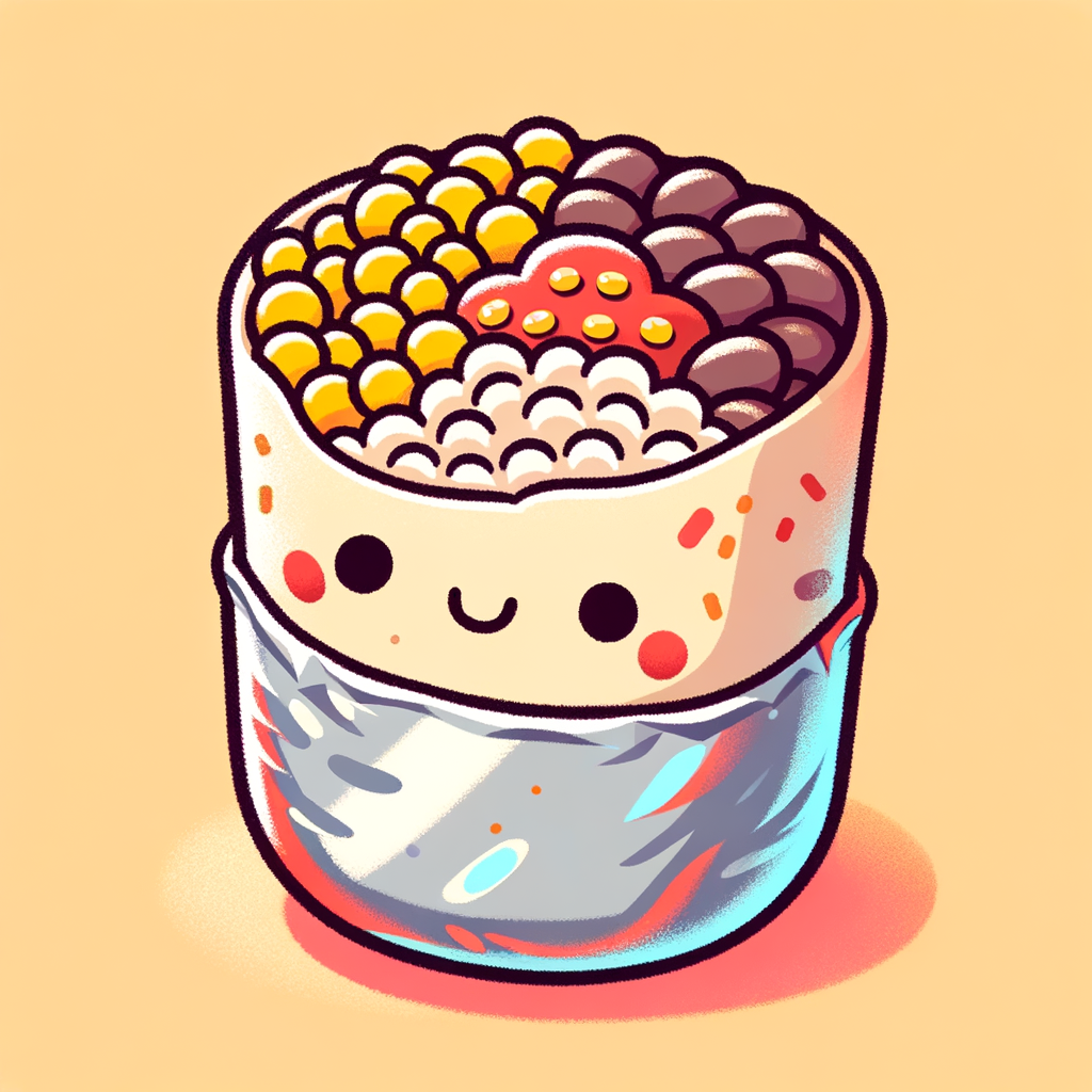 A foil-wrapped flour tortilla burrito sliced open to reveal layers of shredded beef, seasoned white rice, black beans, yellow corn kernels and red salsa, displayed on a plain background.