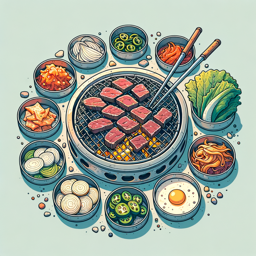 A Korean barbecue grill scene showing thin slices of marinated beef sizzling on a round wire mesh over charcoal, surrounded by small metal bowls of kimchi, pickled jalapeños and onions, seasoned bean sprouts, a bubbling egg custard in a stone pot, fresh green lettuce leaves, and a divided metal tray of dipping sauces.
