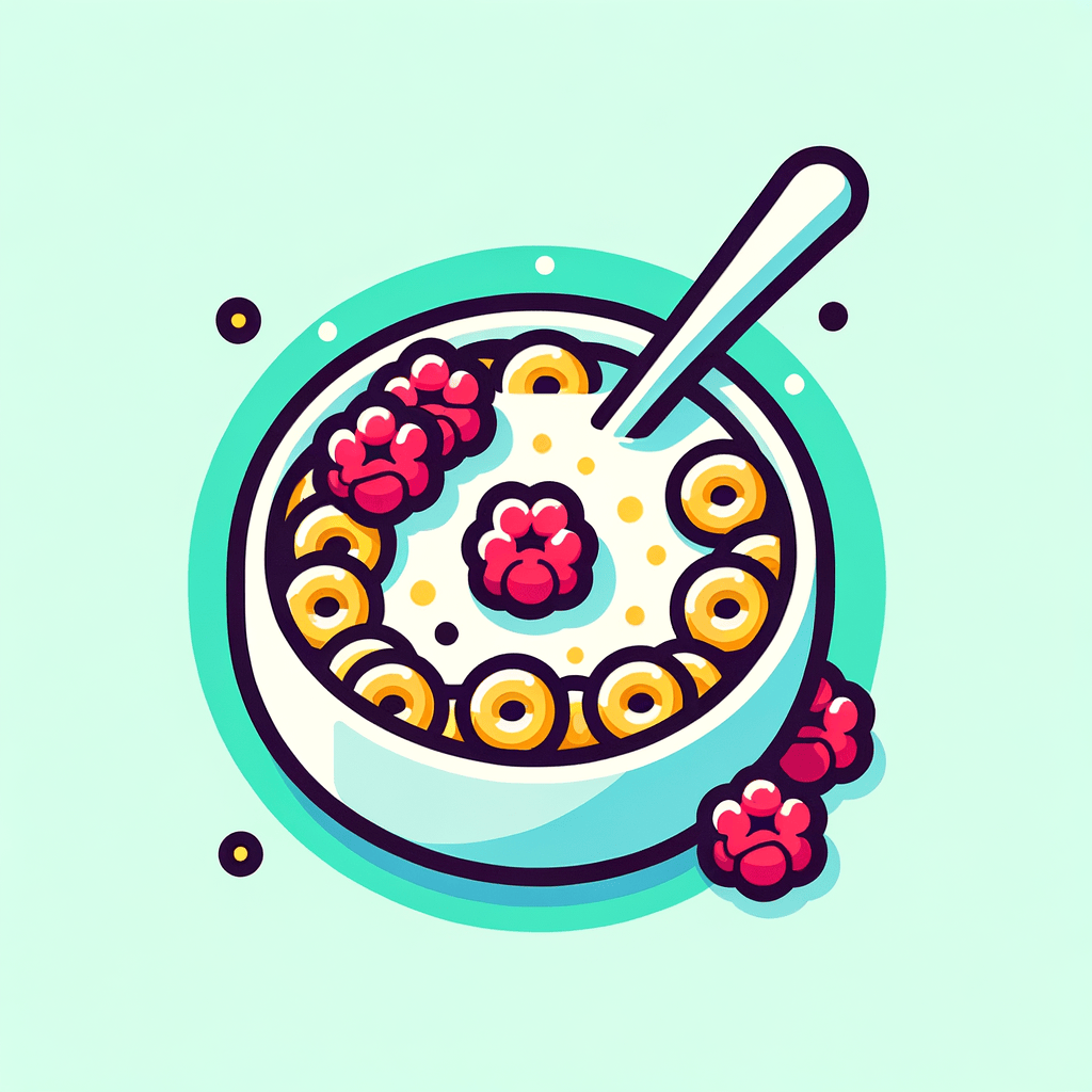 A round bowl filled with white milk covering golden cereal clusters and dotted with bright red freeze-dried raspberry pieces, a spoon resting inside.