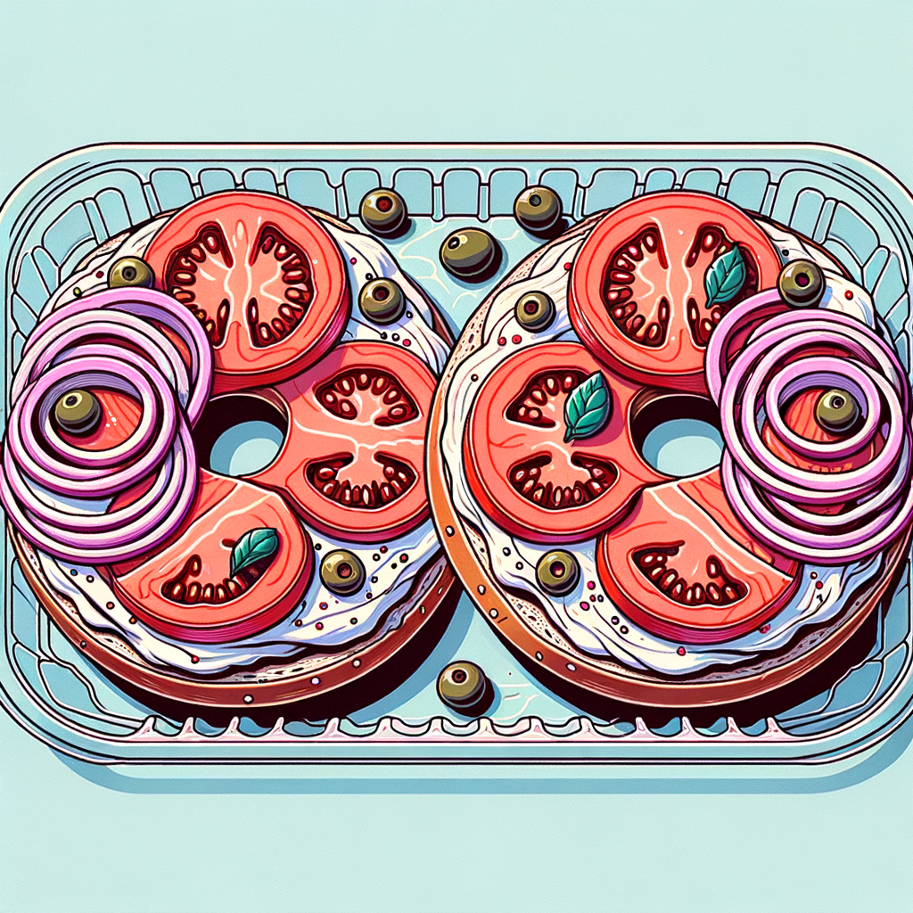 Two open-faced bagel halves each layered with a thick smear of white cream cheese, topped with pink smoked salmon, red tomato slices, concentric red onion rings, and a few small green capers, all arranged side by side in a clear plastic container.