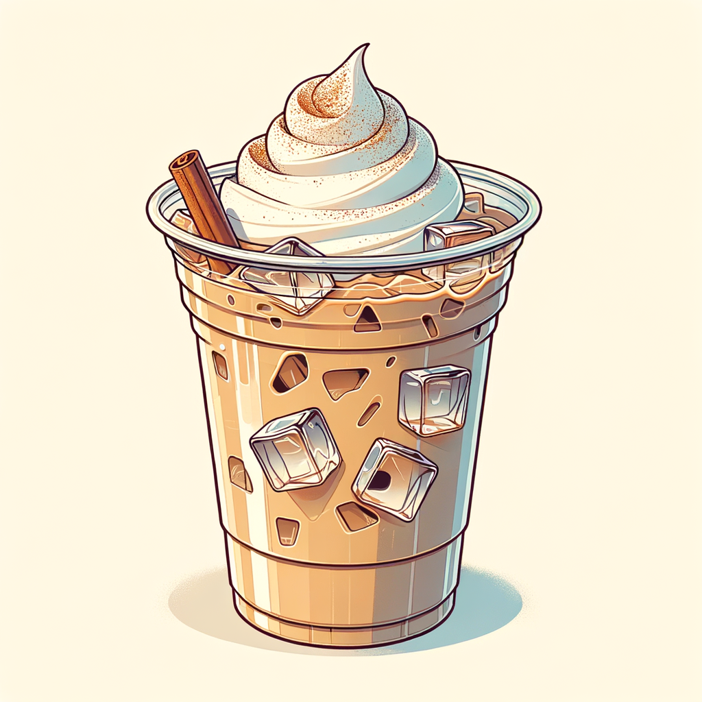 A clear plastic cup filled with light brown iced latte and a thick white foam layer on top dusted with cinnamon, visible ice cubes inside the coffee, no background.