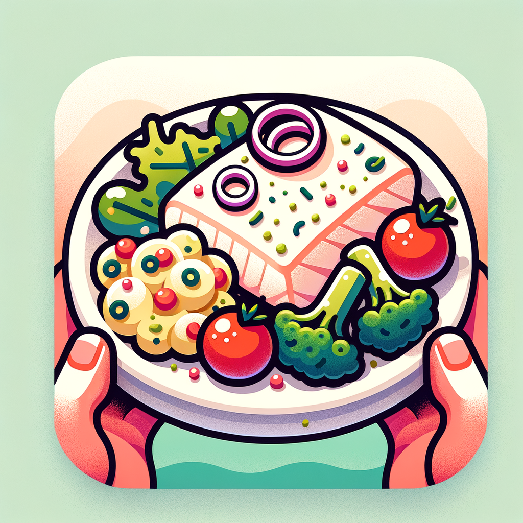 A white ceramic plate holding a piece of white fish fillet topped with slivers of pickled red onion, roasted cherry tomato halves, and chopped green herbs; beside it are bright green steamed broccoli florets and a scoop of potato salad tossed with red onion, dill, and vinaigrette.