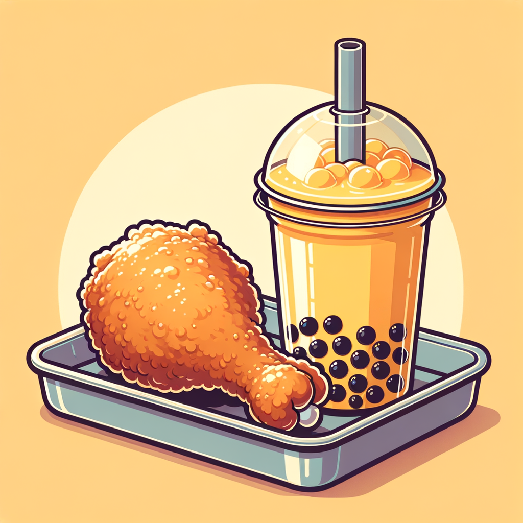 A golden-brown, crispy fried chicken leg with a dark, textured batter on a silver tray, alongside a clear plastic cup of mango bubble tea showing creamy yellow layers and black tapioca pearls at the bottom, topped with a dome lid and thick straw.