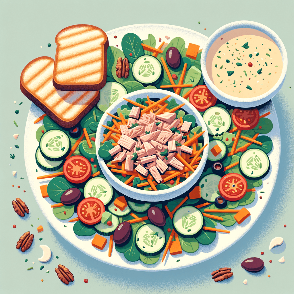 A large white plate filled with mixed baby greens, shredded orange carrots, diced red tomatoes, small cucumber cubes, a mound of flaked tuna in the center, scattered kalamata olives and pecan halves, all lightly sprinkled with chopped herbs. Beside the plate are two slices of golden grilled bread and a small white bowl of creamy soup.