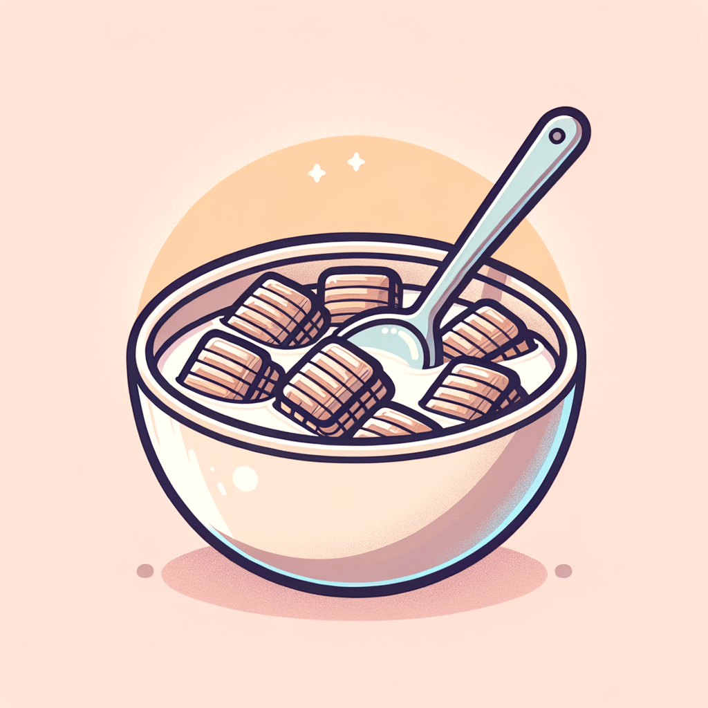 A neutral-colored bowl filled with square ridged cereal pieces submerged in white milk with a spoon resting inside.