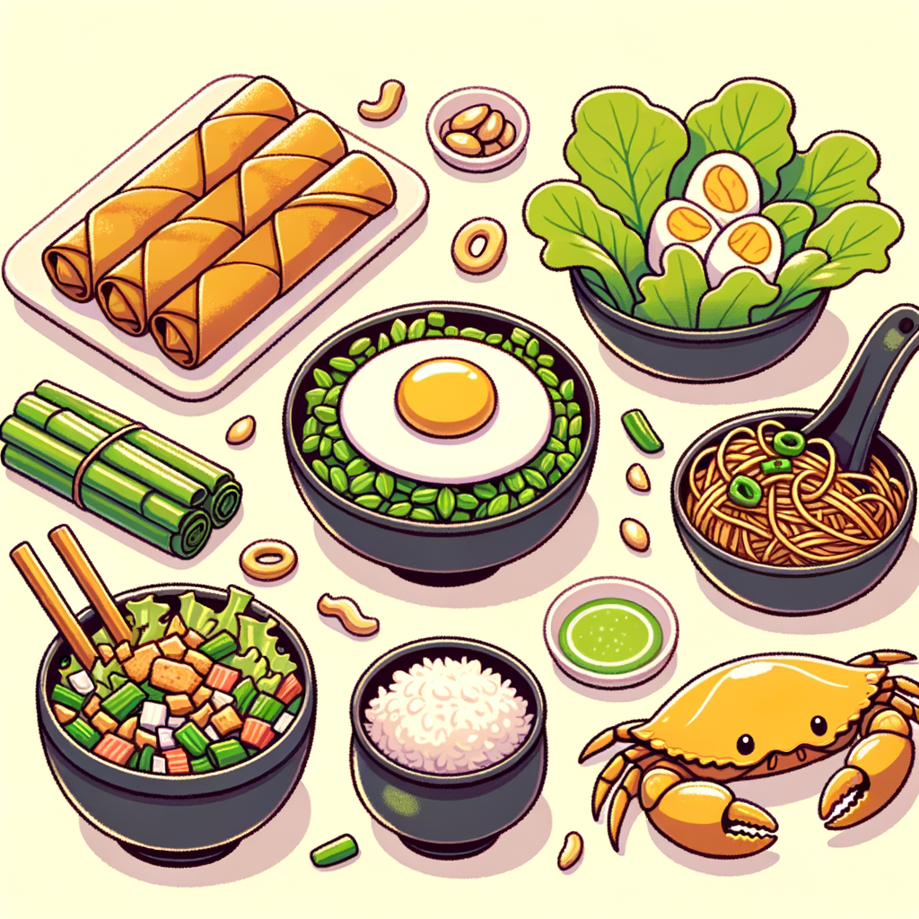 A golden stack of crispy spring rolls next to fresh green romaine lettuce leaves, a dark bowl of bright green wing bean salad topped with crushed peanuts, a white bowl lined with a banana leaf holding stir-fried noodles topped with a sunny-side-up egg, sliced scallions, and crispy shallots, a black clay pot filled with rice mixed with shredded meat, and a crab shell filled with orange crab custard.