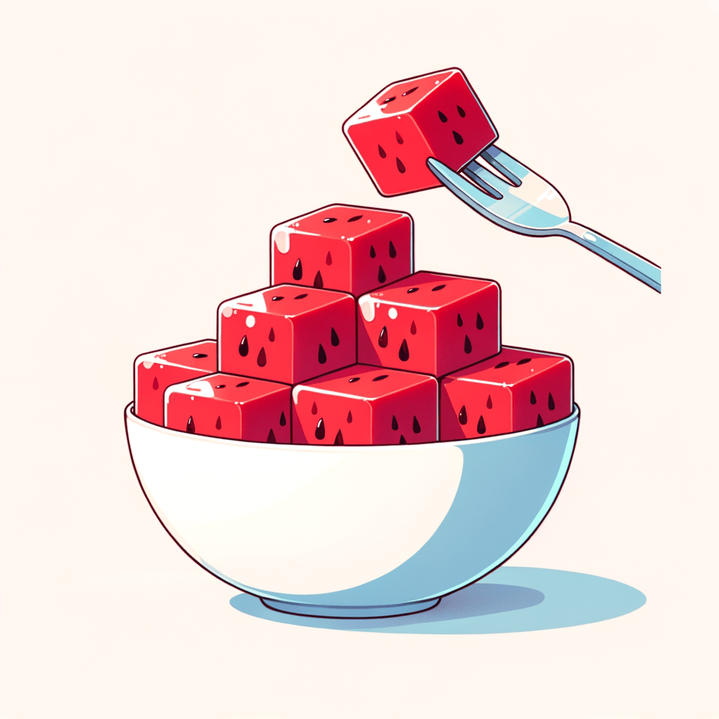 A white bowl containing several large, glossy cubes of red watermelon, one cube speared on a silver fork.