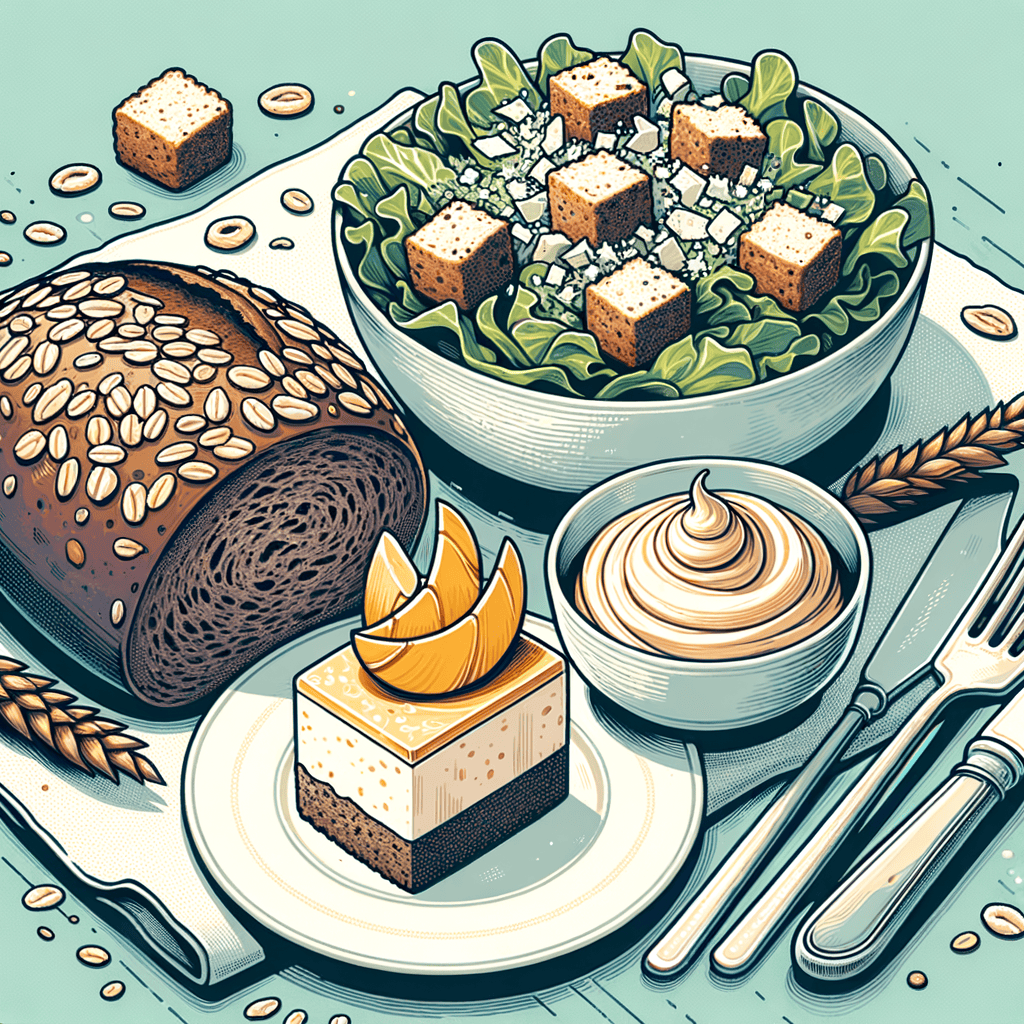 A table setting showing a dark multigrain bread roll with oats on top, a white bowl of Caesar salad with chopped romaine, croutons, grated Parmesan and pieces of chicken, and a small plate with a slice of mango-topped cheesecake accompanied by a swirl of whipped cream.