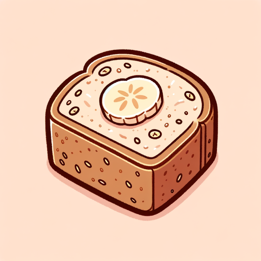 A small, rectangular slice of banana bread displaying a moist crumb with banana flecks and a lightly browned crust.